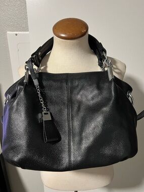 HESHE Women's Black Pebbled Leather Shoulder Bag with Silver Hardware